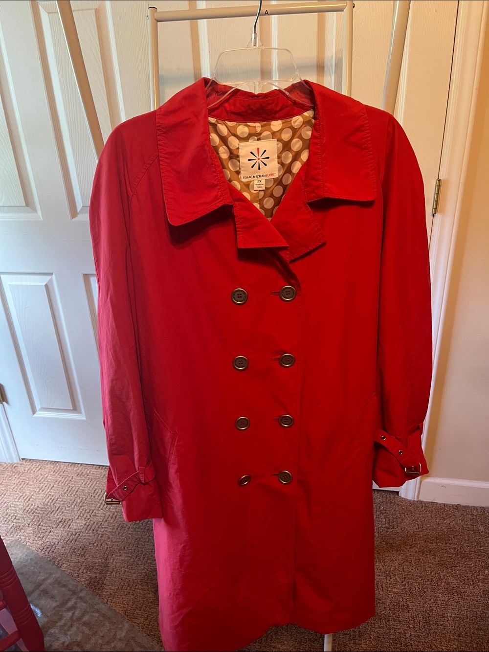 Isaac Mizrahi Bright Red Double-Breasted Trench Coat